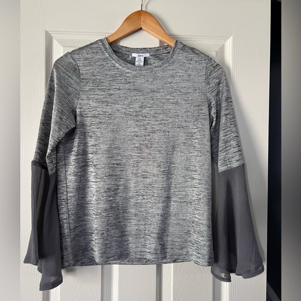 Bar III Womens M Gray Bell Sleeve Sheer Cuff Blouse Stretch Top Career Work